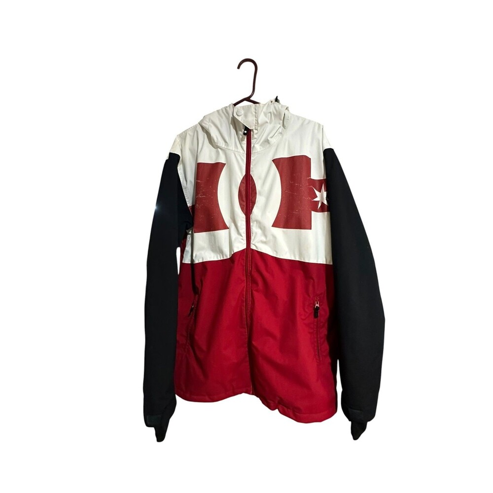DC Shoes Snowboard Jacket Men's Size Large Hooded Red Multicolor Front Logo Zip